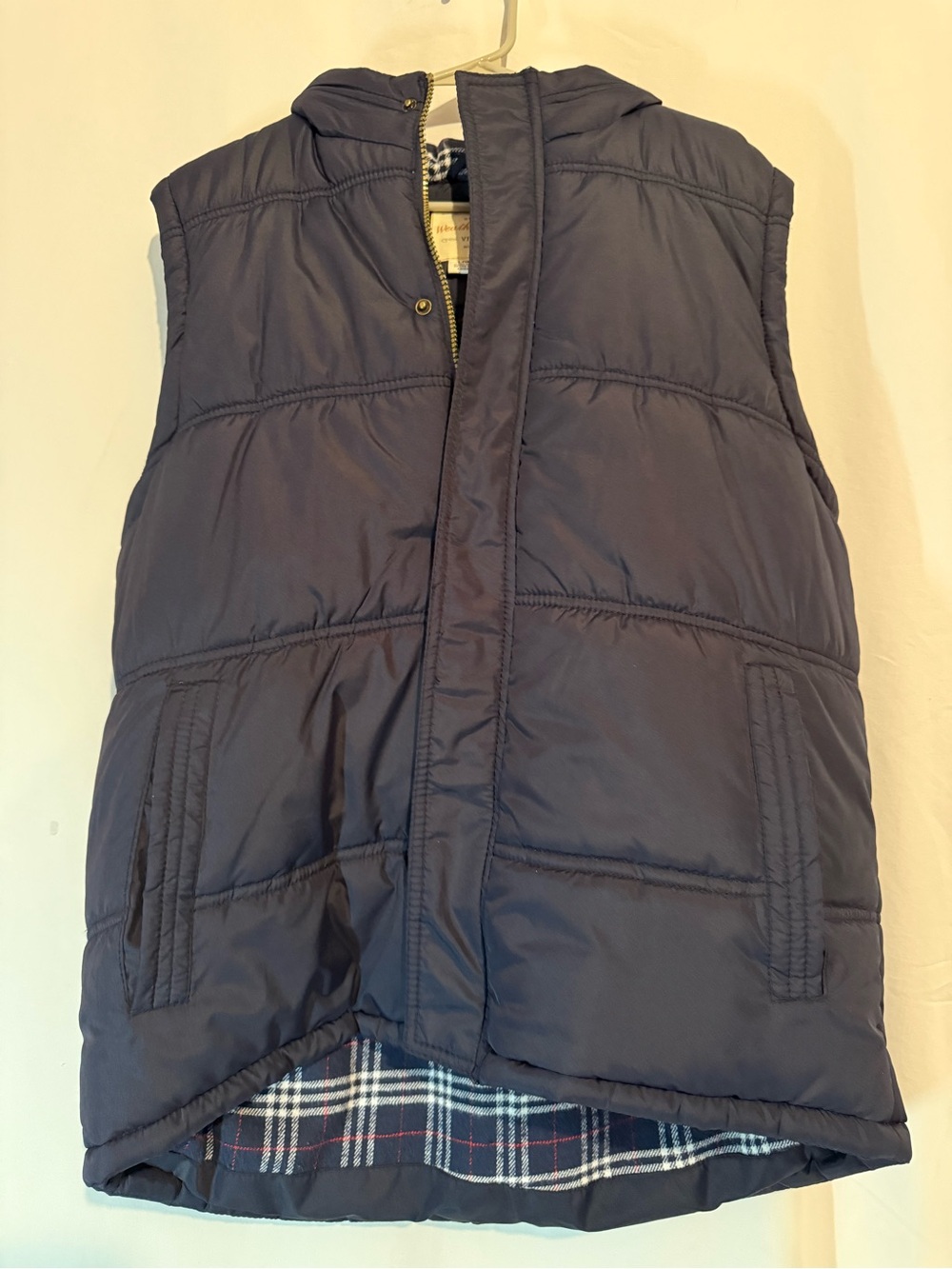 Weatherproof Vintage Men’s Large Navy Puffer Vest Plaid Lined Hooded